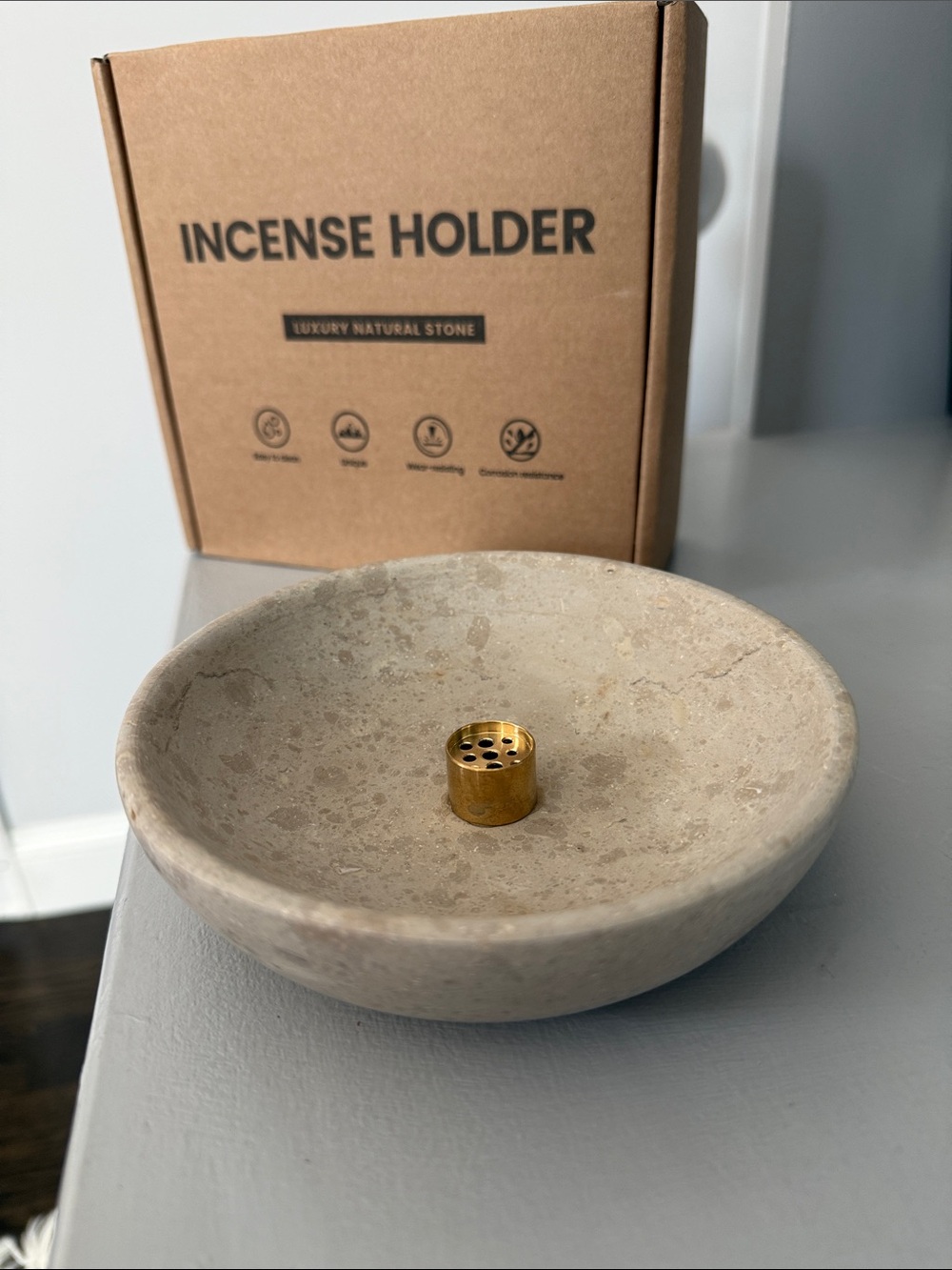 Luxury Natural Stone Incense Holder - Beige with Gold Accent